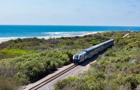 san clemente, ca   august 27 a pacific surfliner train passes through lower trestles in san clemente on tuesday, august 27, 2019 the future of the san onofre state beach is unknown because the long term lease agreement between the california department of parks and recreation and us marine corps ends in 2021 photo by leonard ortizmedianews grouporange county register via getty images
