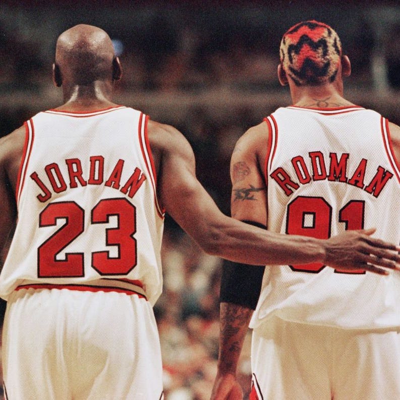 michael jordan l pats dennis rodman r, both of the chicago bulls, after rodman was called for a technical foul 03 may during the second half of their nba eastern conference semi finals game against the charlotte hornets at the united center in chicago, il the bulls won the game 83 70 to lead the series 1 0   afp photojeff haynes photo by jeff haynes  afp        photo credit should read jeff haynesafp via getty images