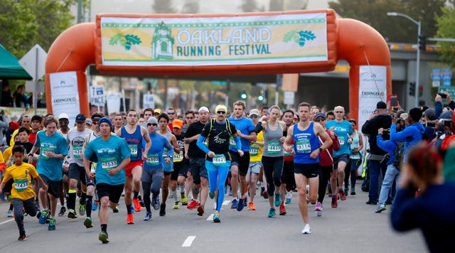 thousands of runners take off from the starting line during the 5k portion of the eighth annual oakland running festival on sunday, april 2, 2017, in oakland, california  over four thousand runners took part in the event which included a full and half marathon, a 5k race, and childrens fun run   aric crabbbay area news group photo by medianews groupbay area news via getty images