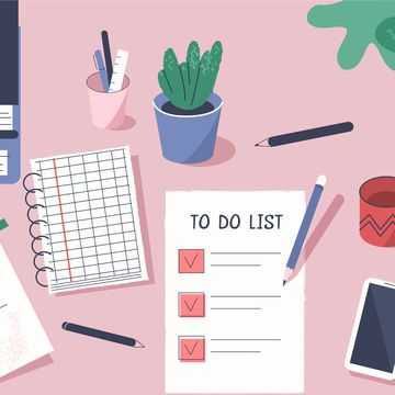 to do list with check marks modern office desk with planners, organizers, notebooks planning, personal organizer and time management concept  flat cartoon vector illustration