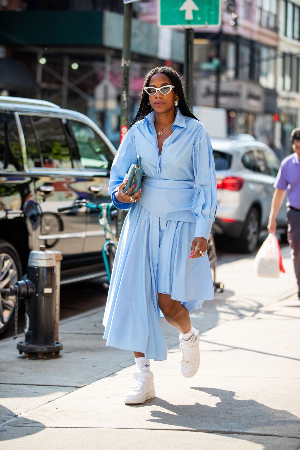 bue shirtdress and air force ones summer outfit idea