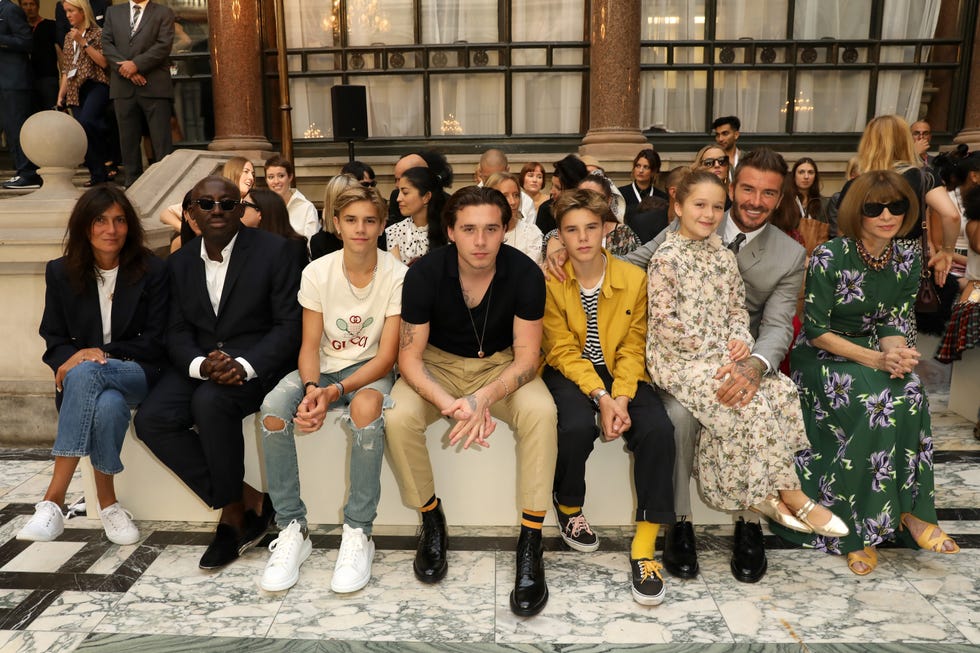 london, england september 15 l r emmanuelle alt, edward enninful, romeo beckham, brooklyn beckham, cruz beckham, harper beckham, david beckham and anna wintour attend the victoria beckham show during london fashion week september 2019 at british foreign and commonwealth office on september 15, 2019 in london, england photo by darren gerrishwireimage