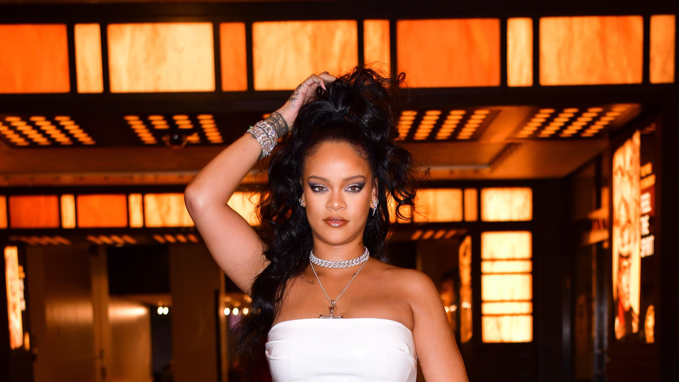 Rihanna wears a silk LBD for night out in New York
