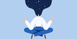 woman sitting in yoga lotus pose modern cartoon female character doing asana and meditate night starry sky and moon in hair, space exploring, universal harmony vector flat illustration