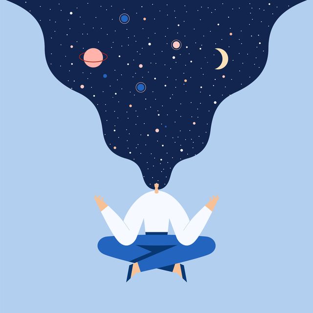 woman sitting in yoga lotus pose modern cartoon female character doing asana and meditate night starry sky and moon in hair, space exploring, universal harmony vector flat illustration