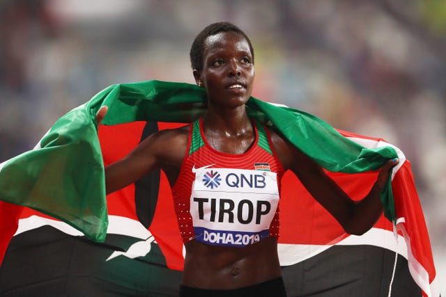 doha, qatar   september 28  agnes jebet tirop of kenya celebrates winning bronze in the womens 10,000 metres final during day two of 17th iaaf world athletics championships doha 2019 at khalifa international stadium on september 28, 2019 in doha, qatar photo by alexander hassensteingetty images for iaaf