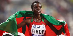 doha, qatar   september 28  agnes jebet tirop of kenya celebrates winning bronze in the womens 10,000 metres final during day two of 17th iaaf world athletics championships doha 2019 at khalifa international stadium on september 28, 2019 in doha, qatar photo by alexander hassensteingetty images for iaaf