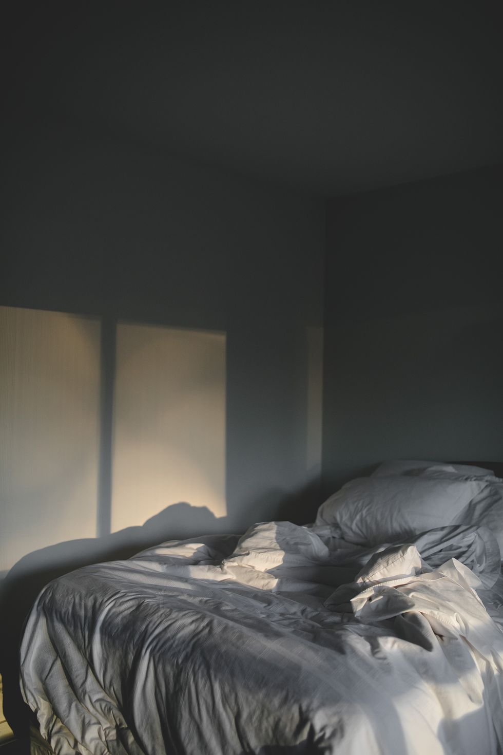 Sunlight streaming in on an unmade bed