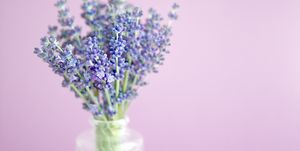 bunch of lavender flowers in little glas vase with pink, desaturated background and some flower buds lying on ground