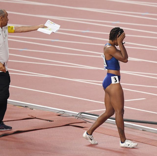 doha, qatar   october 05  brianna mcneal of the united states reacts after being disqualified in the womens 100 metres hurdles heats during day nine of 17th iaaf world athletics championships doha 2019 at khalifa international stadium on october 05, 2019 in doha, qatar photo by matthias hangstgetty images