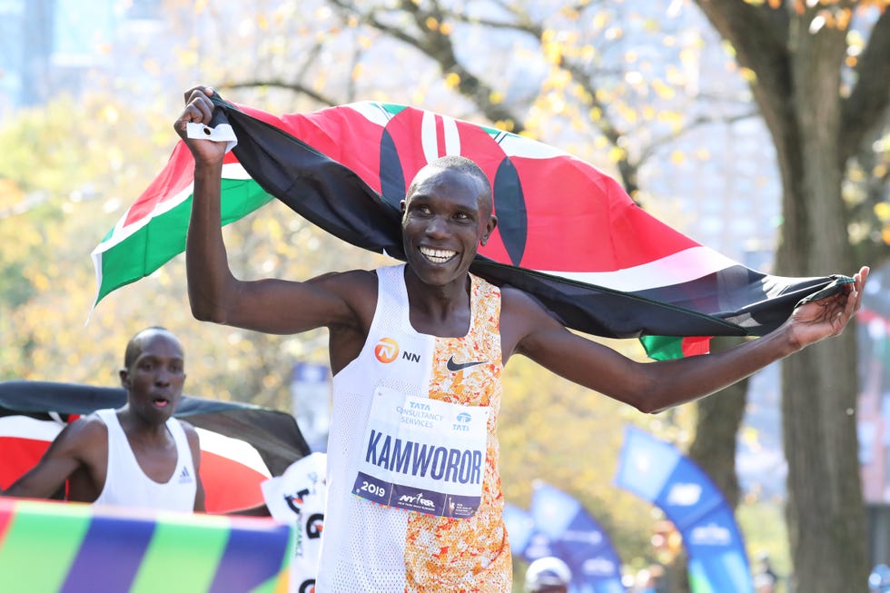 new york, ny   november 03 geoffrey kamworor celebrates a first place finish during the tcs new york city marathon in central park on november 3, 2019 in new york city photo by photorunnew york road runners via getty images