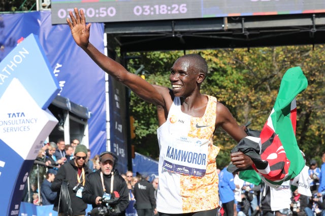 new york, ny   november 03 geoffrey kamworor celebrates a first place finish during the tcs new york city marathon in central park on november 3, 2019 in new york city photo by photorunnew york road runners via getty images