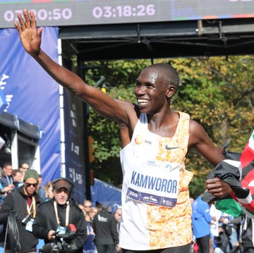 2019 TCS New York City Marathon new york, ny november 03 geoffrey kamworor celebrates a first place finish during the tcs new york city marathon in central park on november 3, 2019 in new york city photo by photorunnew york road runners via getty images