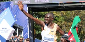 new york, ny   november 03 geoffrey kamworor celebrates a first place finish during the tcs new york city marathon in central park on november 3, 2019 in new york city photo by photorunnew york road runners via getty images