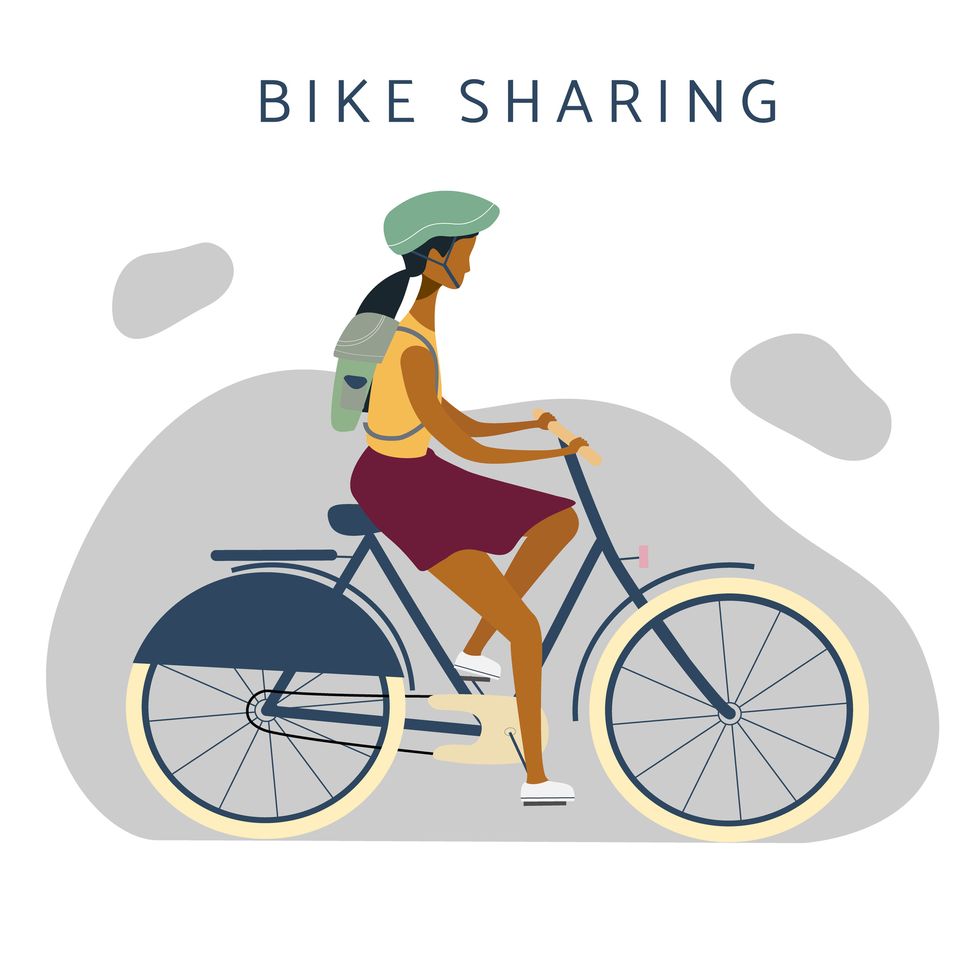 bike sharing  illustration woman on bicycle riding online bicycle rent service concept flat vector for banner, web, mobile app, flyer, poster