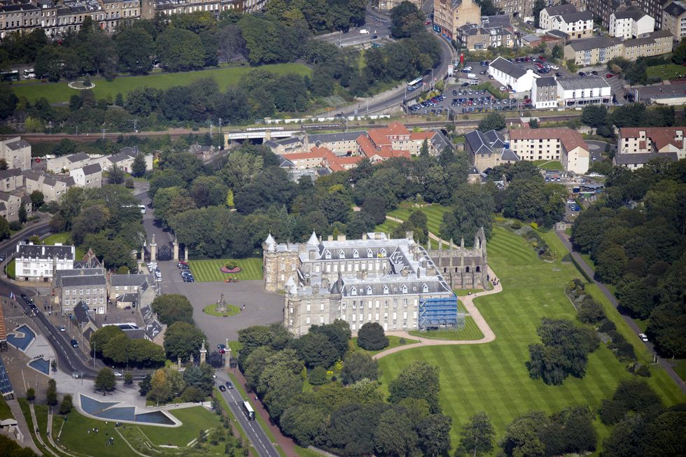 high level oblique aerial photography north of  palace of holyroodhouse, edinburghscotland, uk