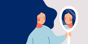 sad young woman looks on her reflection in mirror with sorrow cartoon flat style