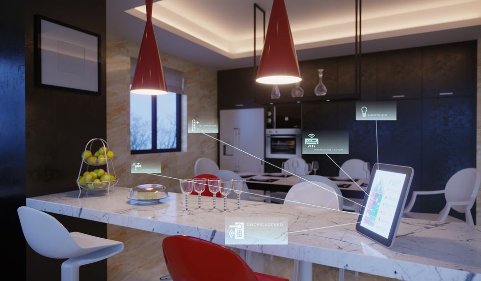 smart home control with icons in kitchen interior in the evening  3d render