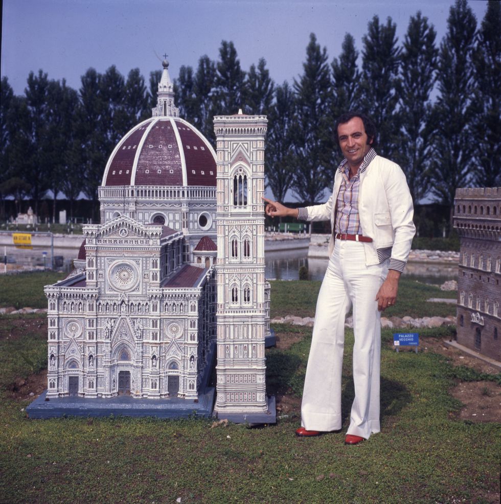 italian music player raoul casadei poses in front of monuments at italia in miniatura fun park rimini, 1975 photo by egizio fabbricimondadori portfolio via getty images