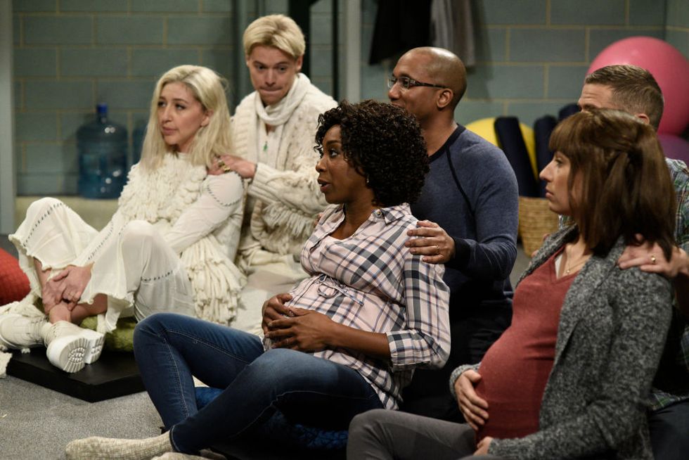 saturday night live    harry styles episode 1773    pictured l r heidi gardner as disa, host harry styles as magnus, ego nwodim, chris redd, melissa villaseñor, and mikey day during the childbirth class sketch on saturday, november 16, 2019    photo by will heathnbcnbcu photo bank via getty images
