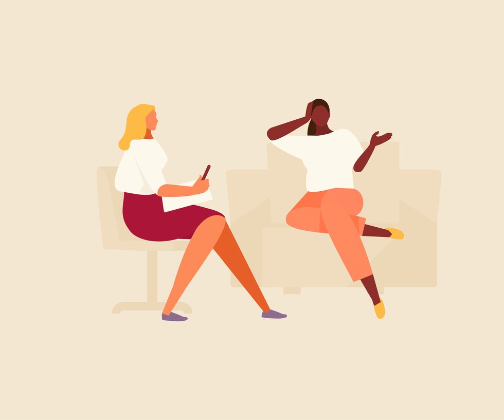 young woman talking with a psychologist psychological counseling and therapy vector flat illustration