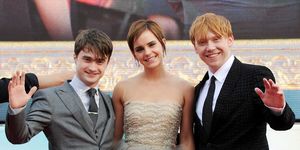 london, england   july 07  embargoed for publication in uk tabloid newspapers until 48 hours after create date and time mandatory credit photo by dave m benettgetty images required  l to r actors daniel radcliffe, emma watson and rupert grint attend the world premiere of harry potter and the deathly hallows part 2 in trafalgar square on july 7, 2011 in london, england  photo by dave m benettgetty images