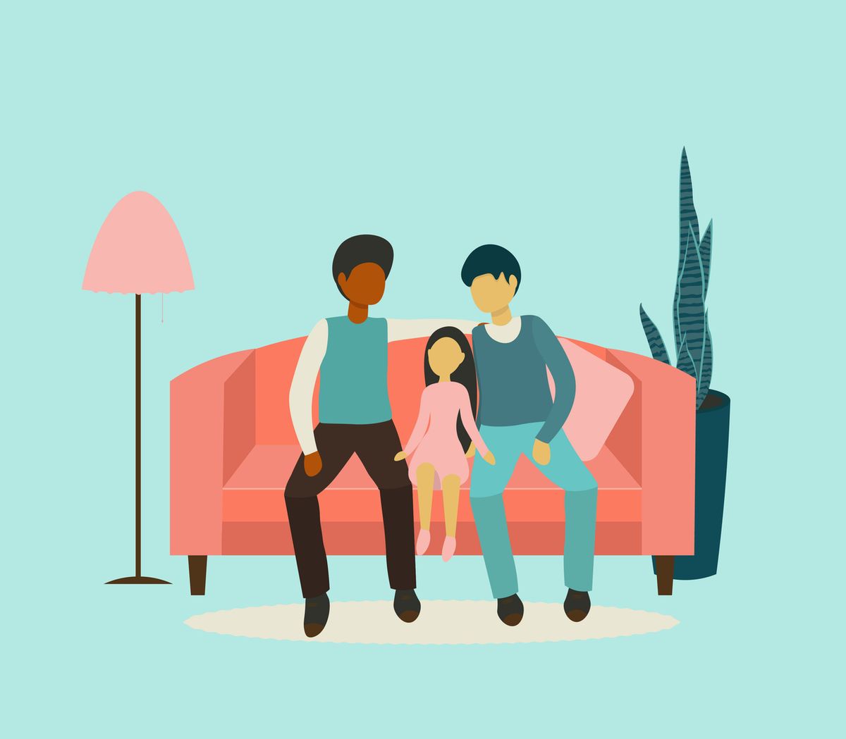flat design vector illustration on gay family two adult men and teenager sitting together on sofa husband and husband with his daughter gay parents with child