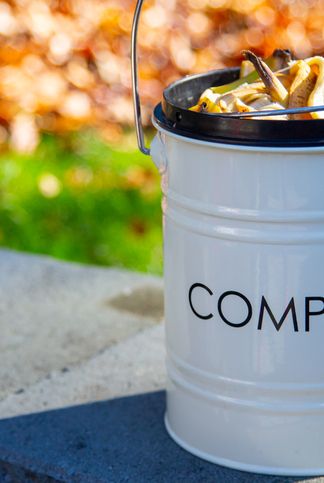 a compost bin filled with bananas outside on top of a gray wall in the fall with leaves in the background