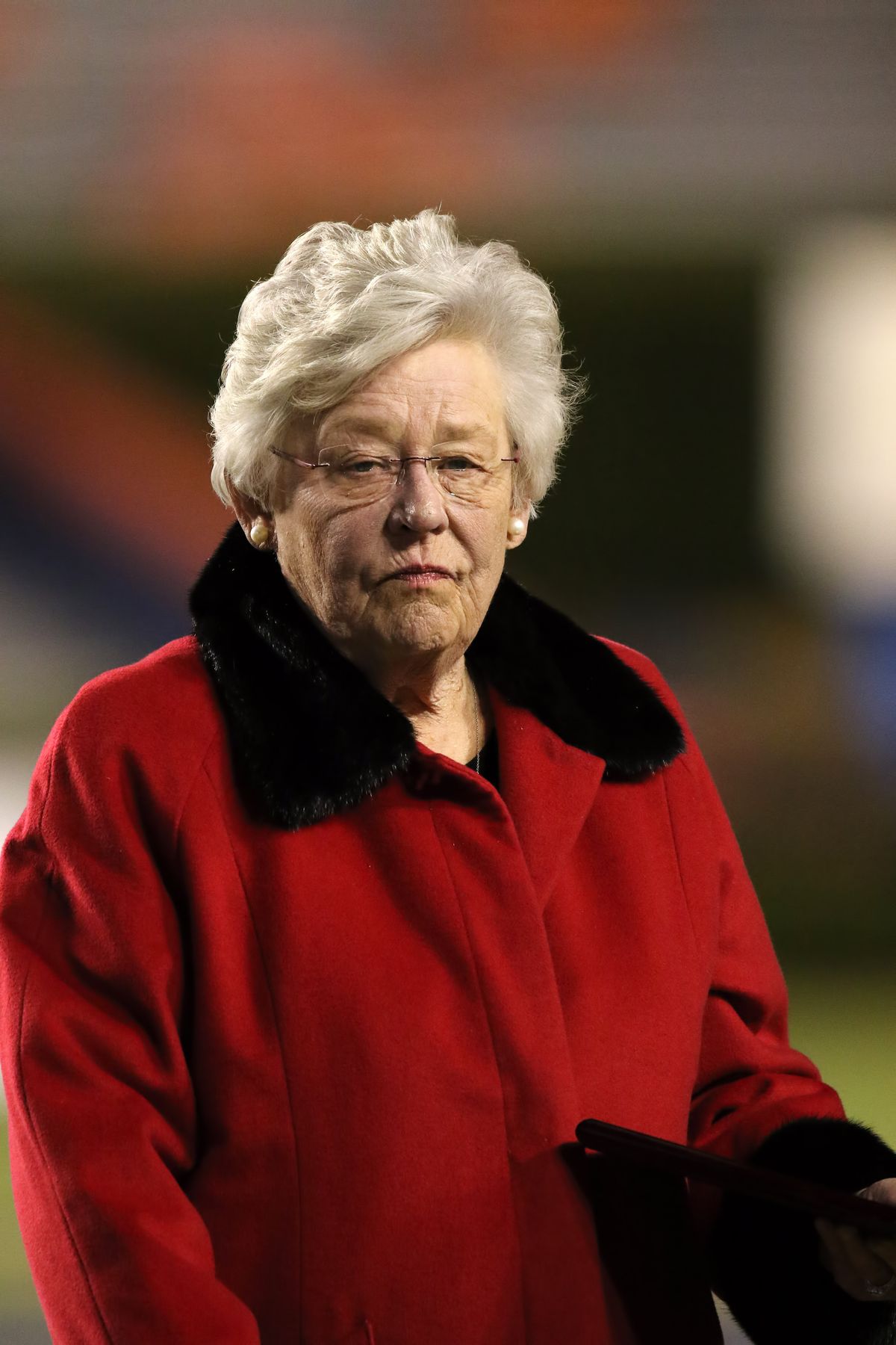 auburn, al   december 04  alabama governor kay ivey is presented with an award at the alabama 7a state championship game between the thompson warriors and central phenix city red devils on december 4, 2019 at jordan hare stadium in auburn, alabama  photo by michael wadeicon sportswire via getty images
