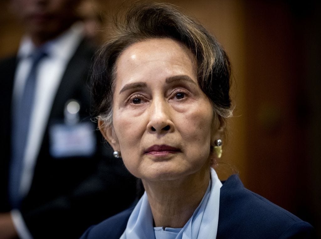 topshot   myanmars state counsellor aung san suu kyi looks on before the uns international court of justice on december 11, 2019 in the peace palace of the hague, on the second day of her hearing on the rohingya genocide case   aung san suu kyi appears at the uns top court today, a day after the former democracy icon was urged to stop the genocide against rohingya muslims once hailed internationally for her defiance of myanmars junta, the nobel peace laureate will this time be on the side of the southeast asian nations military when she takes the stand at the international court of justice photo by koen van weel  anp  afp  netherlands out photo by koen van weelanpafp via getty images