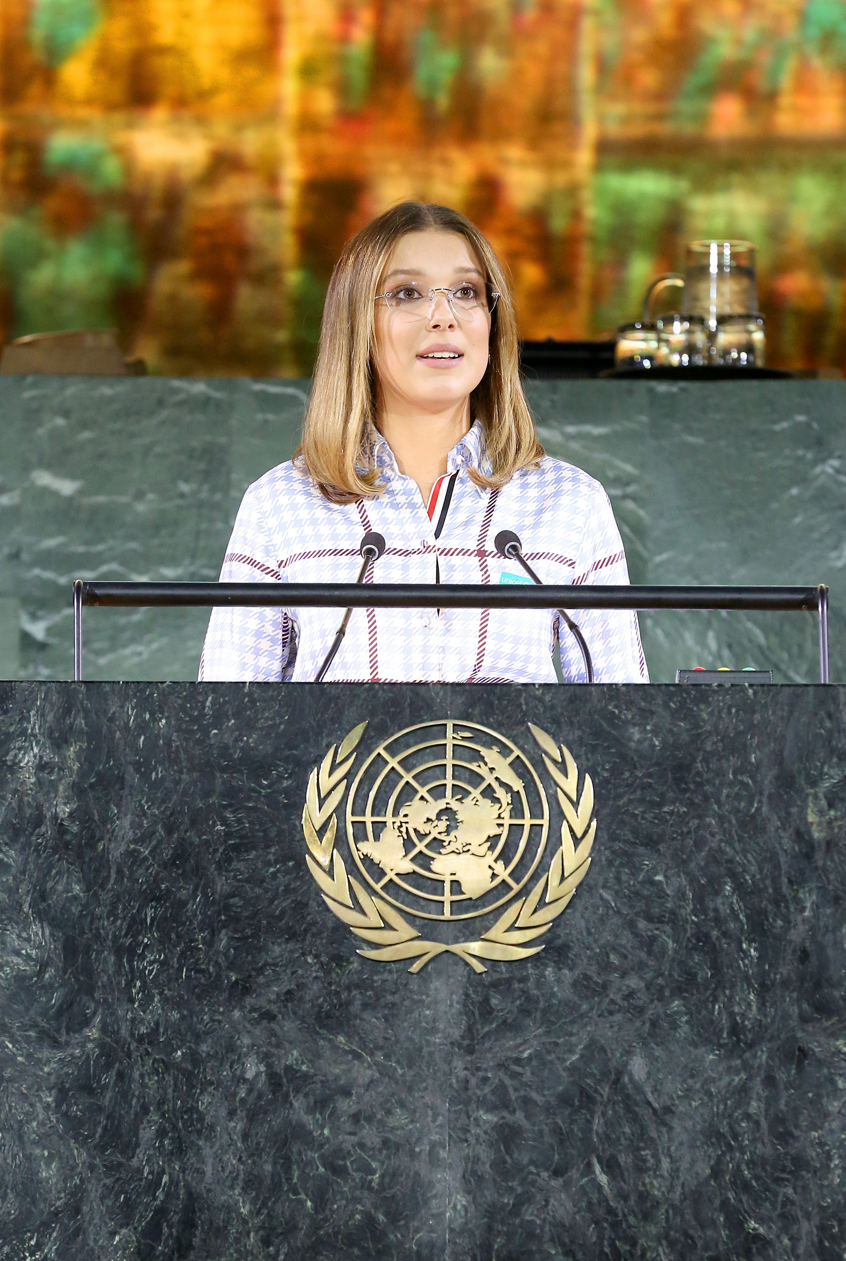 Millie Bobby Brown Wears Retro Plaid Outfit to Speak at the United Nations