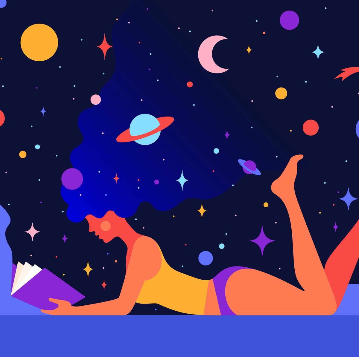 modern flat character woman with dream universe reads open book simple cartoon character of woman girl with universe starry night in hair colorful contemporary art style vector illustration