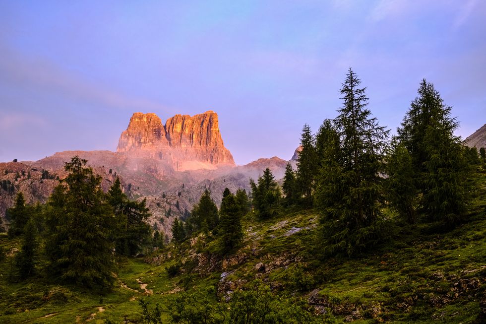 cortina dampezzo, veneto, italy   20190724 the summit of monte averau, glowing red at sunset, seen from falzarego pass, passo di falzarego photo by frank bienewaldlightrocket via getty images