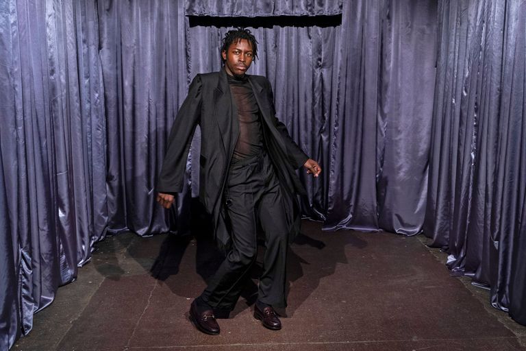 a model presents a creation by british designer bianca saunders during a presentation for her autumnwinter 2020 collection on the second day of london fashion week mens in london on january 5, 2020 photo by niklas hallen  afp photo by niklas hallenafp via getty images