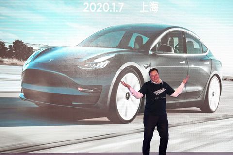 tesla ceo elon musk gestures during the tesla china made model 3 delivery ceremony in shanghai   tesla ceo elon musk presented the first batch of made in china cars to ordinary buyers on january 7, 2020 in a milestone for the companys new shanghai giga factory, but which comes as sales decelerate in the worlds largest electric vehicle market photo by str  afp  china out photo by strafp via getty images