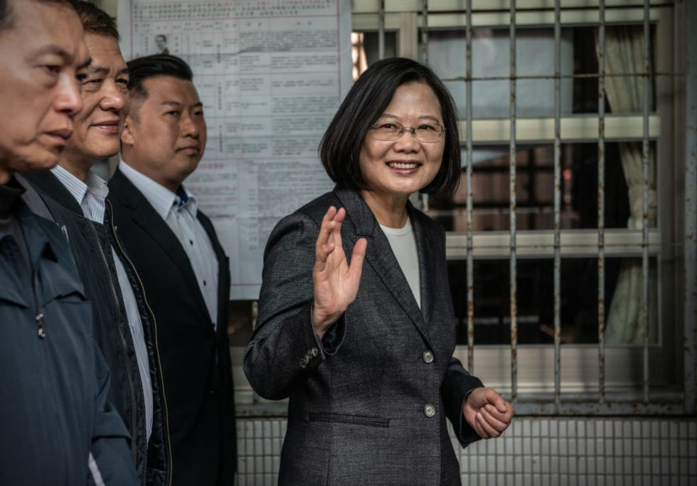 taipei, taiwan   january 11 taiwans president tsai ing wen waves as she queues to vote in the presidential election on january 11, 2020 in taipei, taiwan taiwan will go to the polls on saturday after a campaign in which fake news and the looming shadow of china and its repeated threats of invasion have played a prominent role in shaping debate ensuring taiwans democratic way of life has dominated an election which will be closely fought between incumbent, anti china president tsai ing wen and the more pro beijing challenger han kuo yu photo by carl courtgetty images