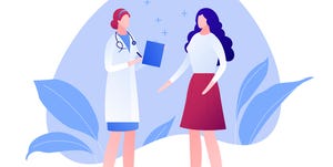 vector modern flat doctor and patient character illustration female medic and woman on amoeba background on white design element for gynecology, banner, poster, infographics, hospital, clinic