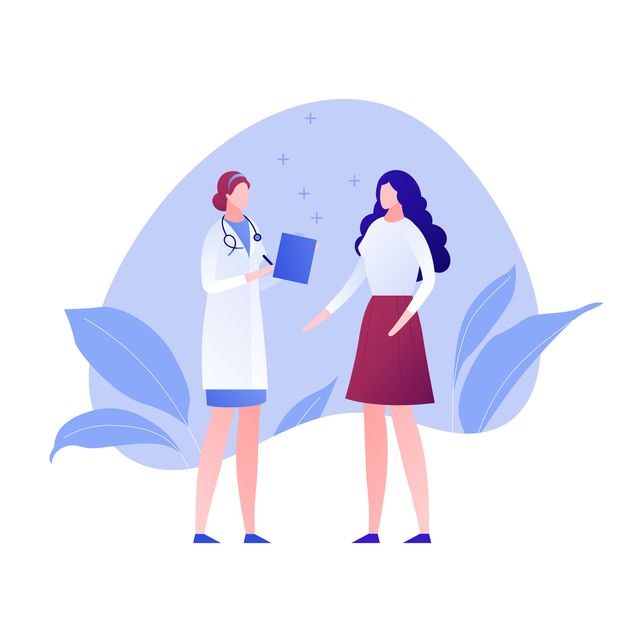 vector modern flat doctor and patient character illustration female medic and woman on amoeba background on white design element for gynecology, banner, poster, infographics, hospital, clinic