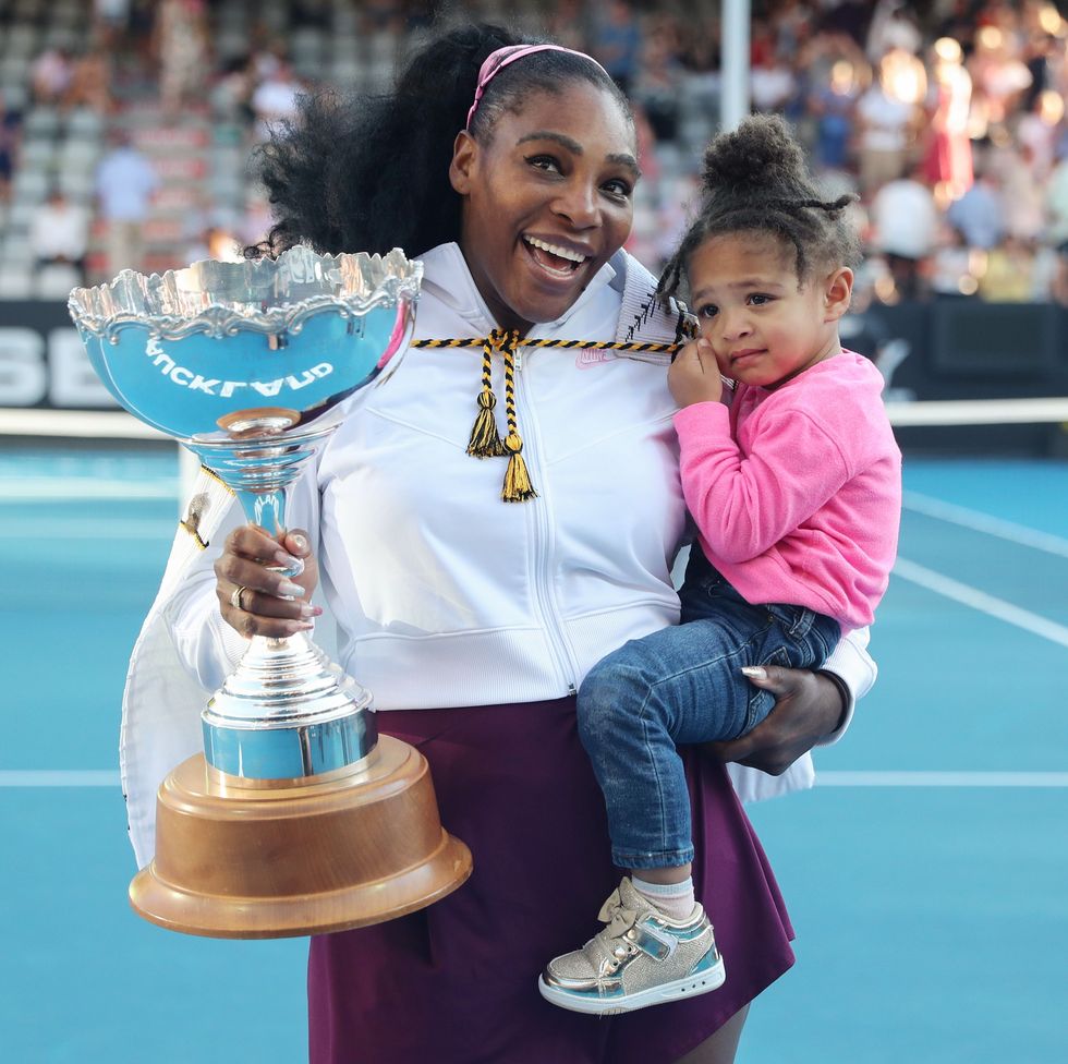 serena williams of the us with her daughter alexis olympia after her win against jessica pegula of the us during their womens singles final match during the auckland classic tennis tournament in auckland on january 12, 2020 photo by michael bradley  afp photo by michael bradleyafp via getty images