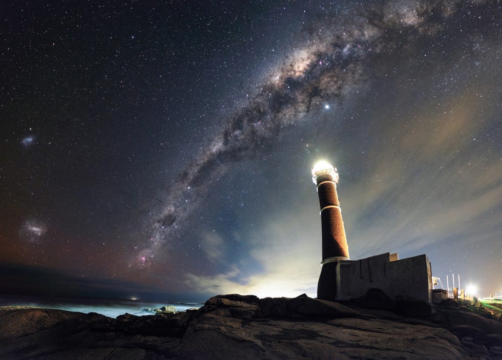 i love to photograph lighthouses and try composing them with the milky way this one is located at jose ignacio in uruguay after some shots from below i wanted a larger field of view so the rocks and the ocean could be seen when i finished this shots the clouds covered everything and i had to change location