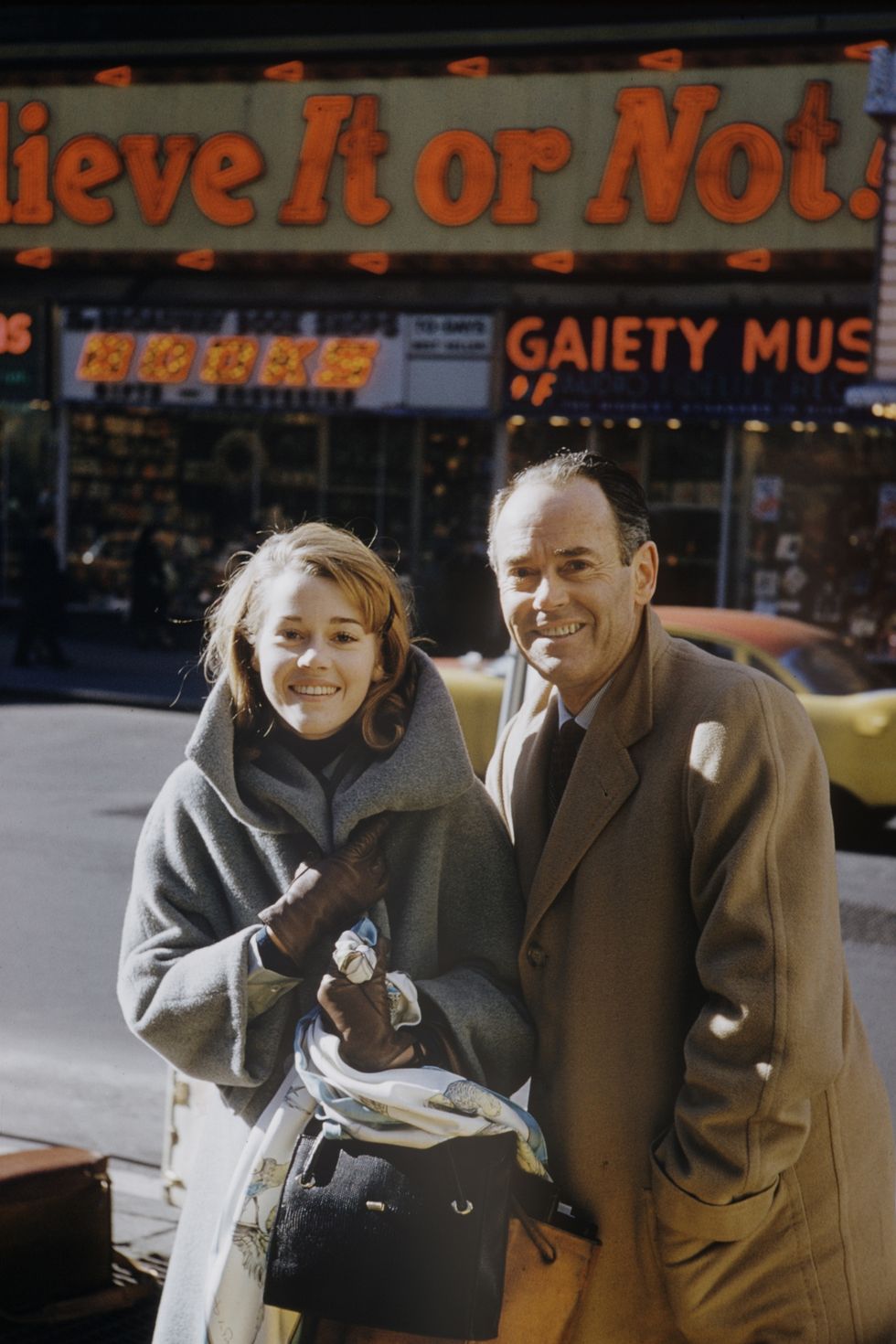 actor henry fonda and daughter jane  standing outside ripleys believe it or not in times square, new york city, new york, united states, 1960photo by leonard mccombethe life picture collection via getty images