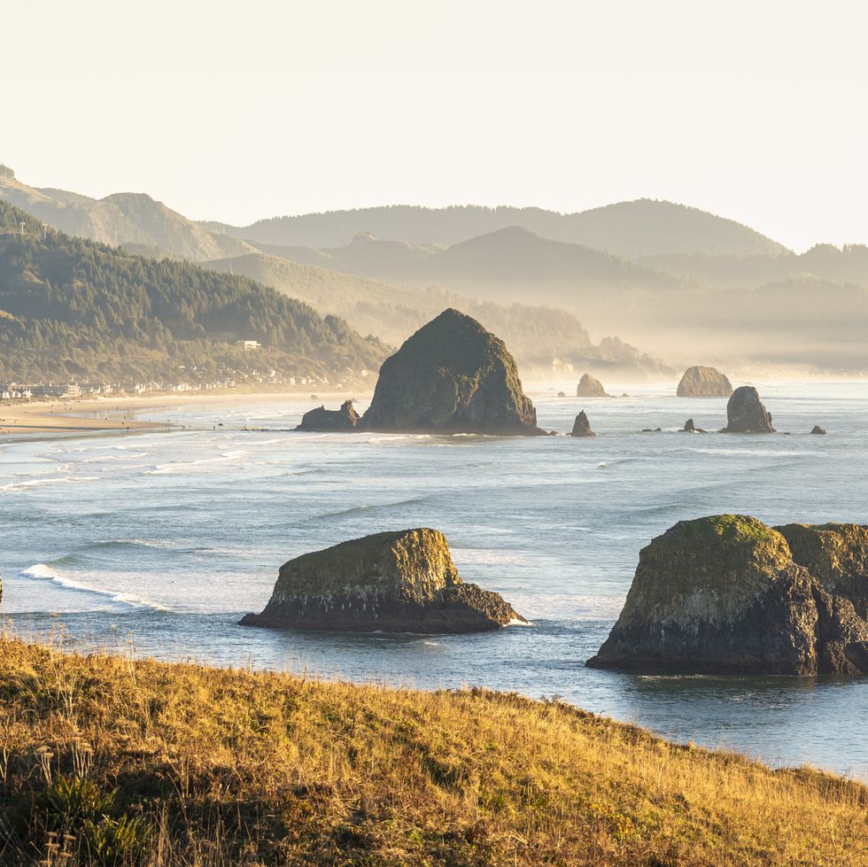 high angle view of a man looking at cannon beach and haystack rock from ecola state park, cannon beach, clatsop county, oregon, usa