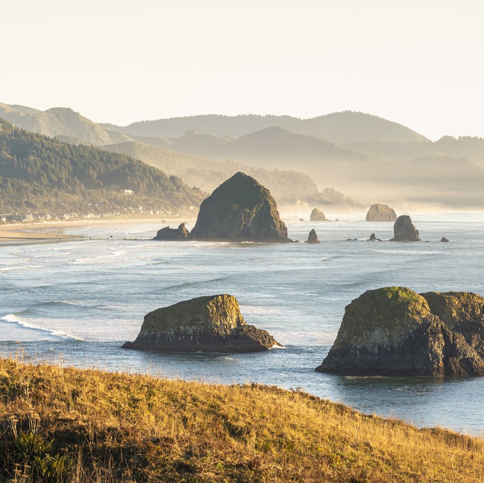 high angle view of a man looking at cannon beach and haystack rock from ecola state park, cannon beach, clatsop county, oregon, usa
