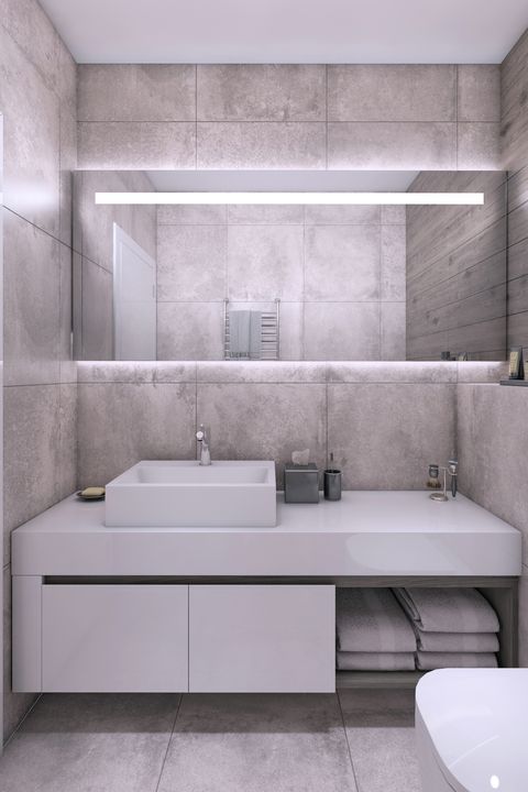 contemporary small bathroom interior with concrete textured wall with toilet seat, sink and mirror template for copy space render
