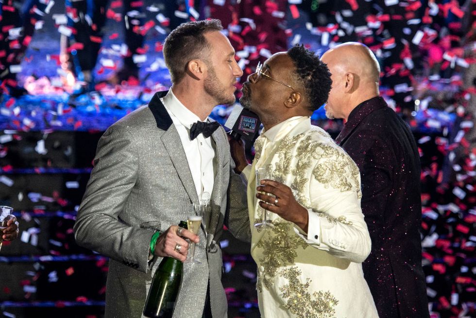 new orleans, louisiana december 31 editorial use only billy porter and adam porter smith celebrate onstage during dick clarks new years rockin eve celebration on december 31, 2019 in new orleans city photo by santiago felipegetty images