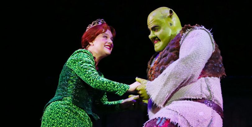 sydney, australia january 03 ben mingay plays the role of shrek and lucy durack the role of princess fiona during a production media call for the shrek the musical on january 03, 2020 in sydney, australia photo by don arnoldwireimage,