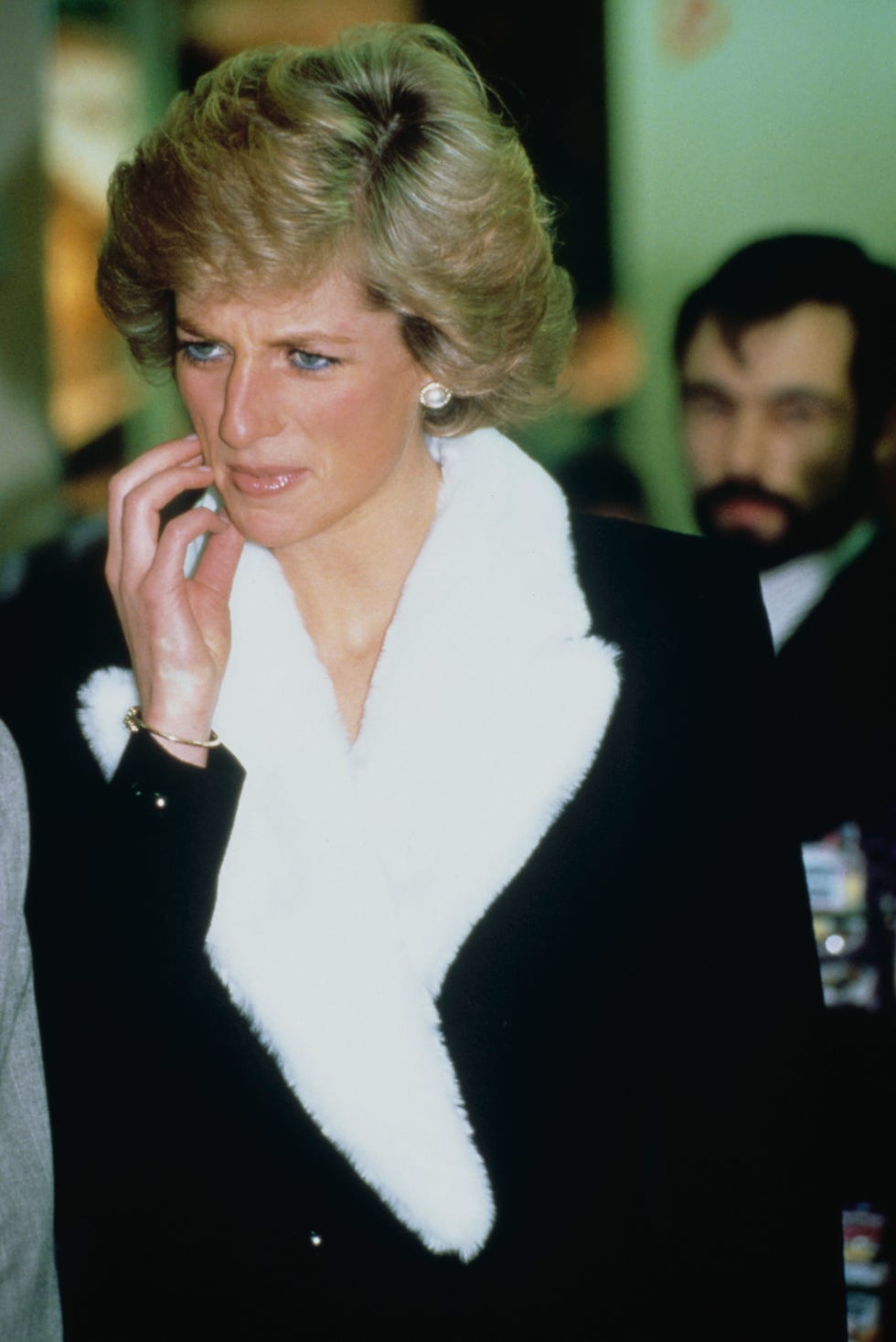 diana, princess of wales 1961 1997 opens a marks and spencer store in paris, france, november 1988 she is wearing a black coat dress by catherine walker with a white faux fur collar photo by princess diana archivegetty images