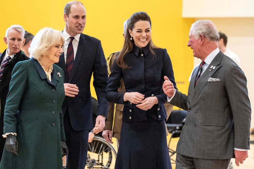 prince william, duke of cambridge and his wife catherine, duchess of cambridge talk with his father prince charles, prince of wales and his wife camilla, duchess of cornwall