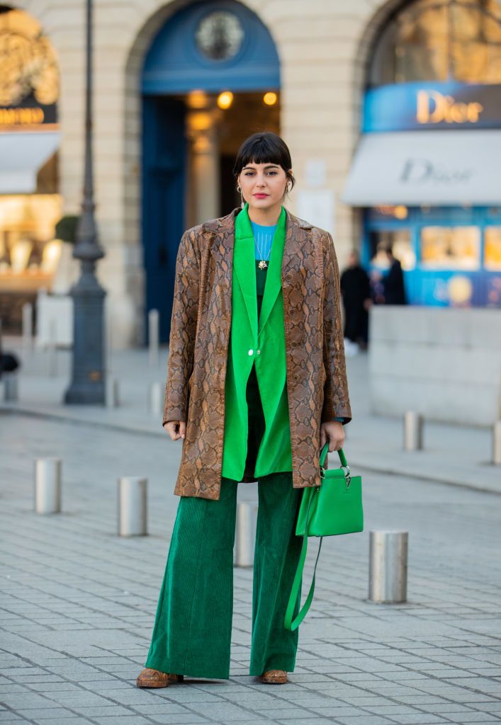 paris, france   january 21 maria bernad wearing brown coat with snake print, green louis vuitton bag, green bag seen during paris fashion week   haute couture springsummer 2020 on january 21, 2020 in paris, france photo by christian vieriggetty images