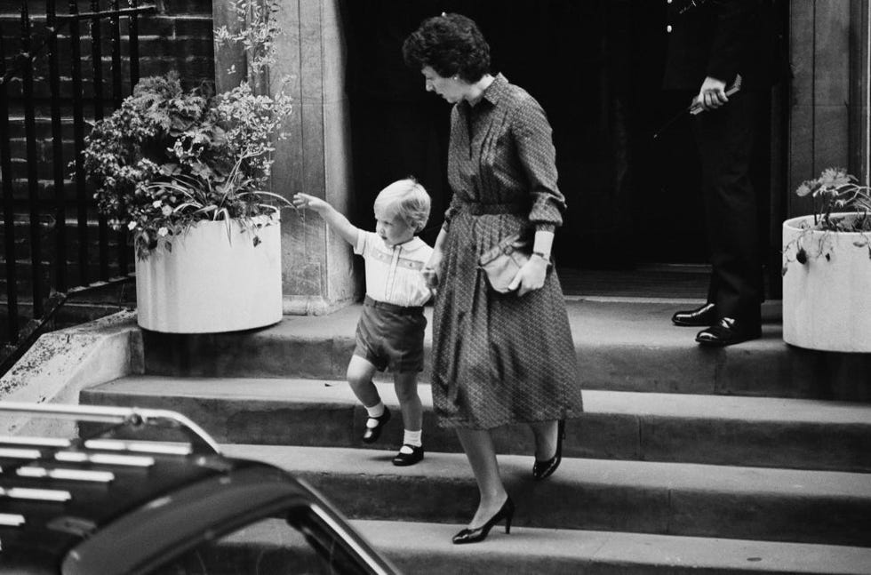 prince william leaves the lindo wing of st marys hospital holding the hand of his nanny barbara barnes after visiting his mother diana, princess of wales, after the birth of his brother, prince harry, in paddington, london, england, 16th september 1984 harry had been born the previous day photo by k butlerdaily expresshulton archivegetty images